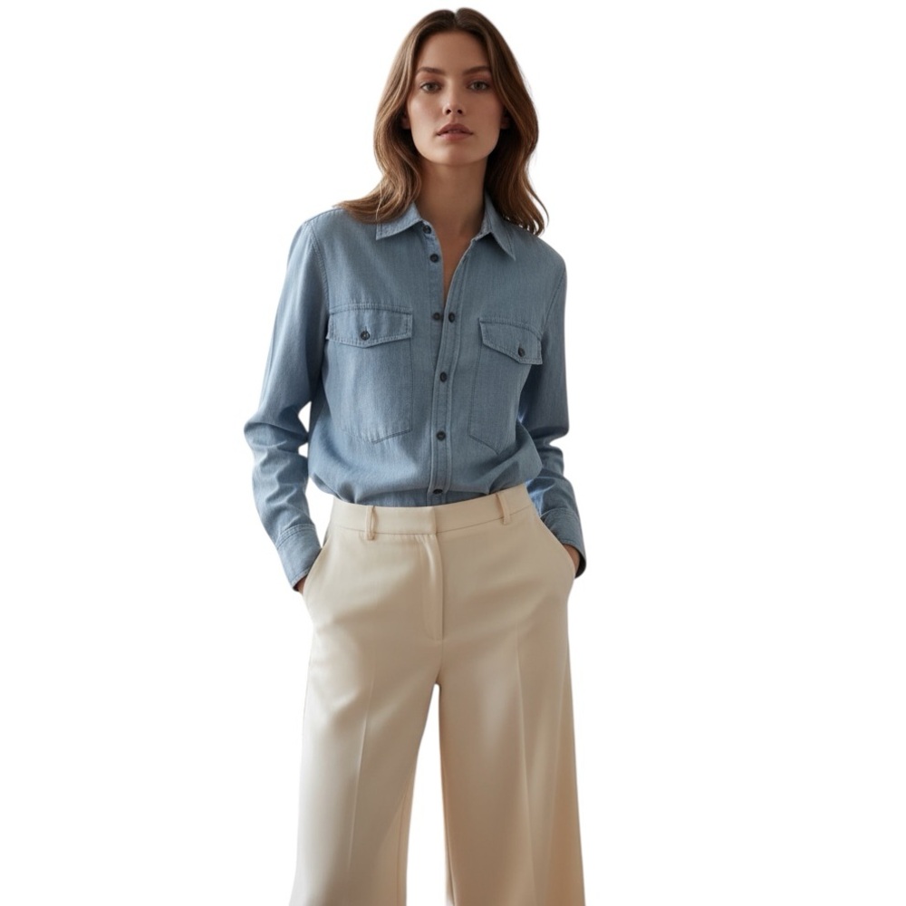 Zara Premium Denim Collection Long Sleeve Button Down Shirt Blue Size Small